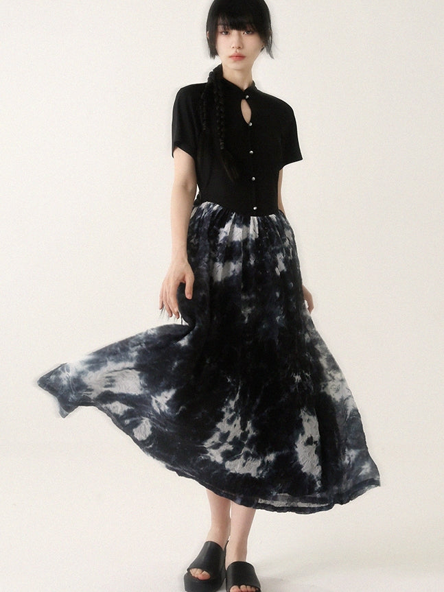 타이 염색 꽃 레이스 반 버튼 긴 일체형