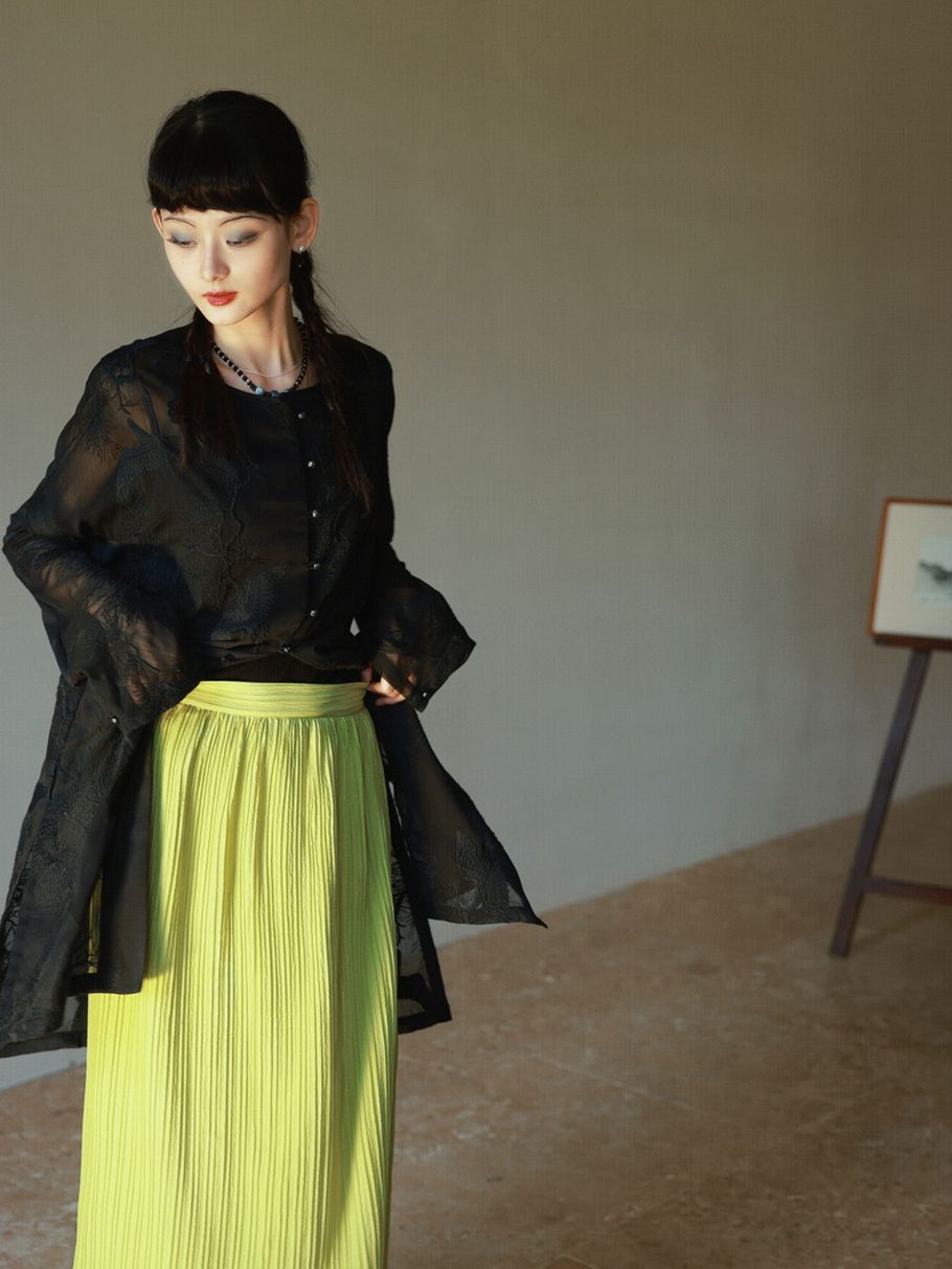 Crumply Pleats Simple Retro Long-Skirt