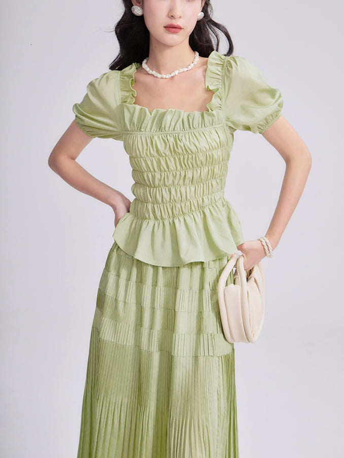 Gather Frill Puff-Sleeve Peplum Chic Blouse&Long-Skirt