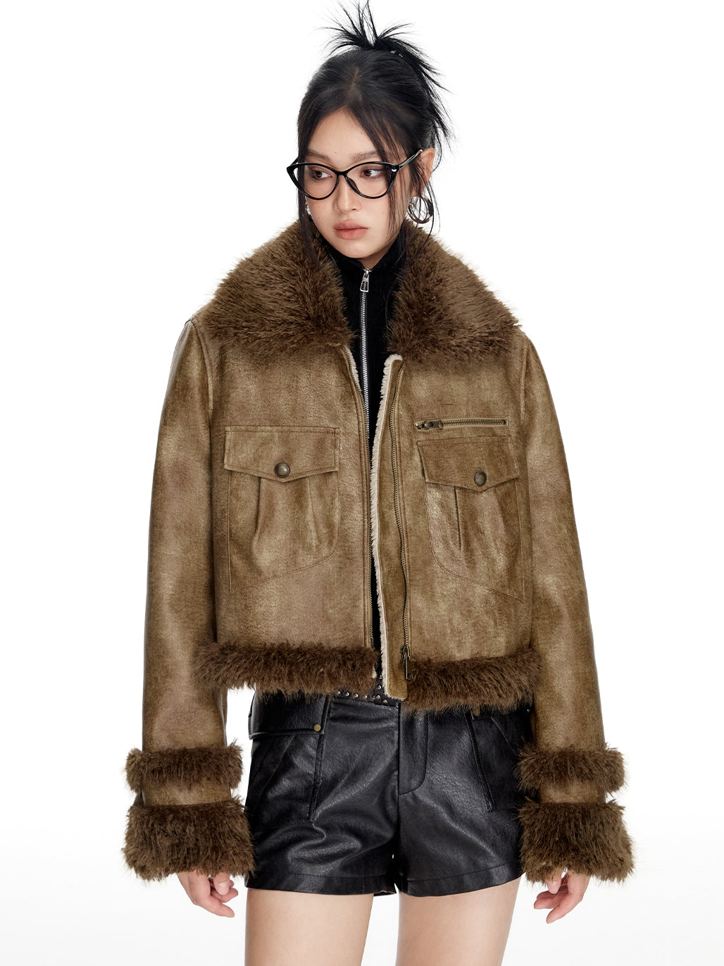 Boa Fur Middle Vintage High-End Leather-Jacket