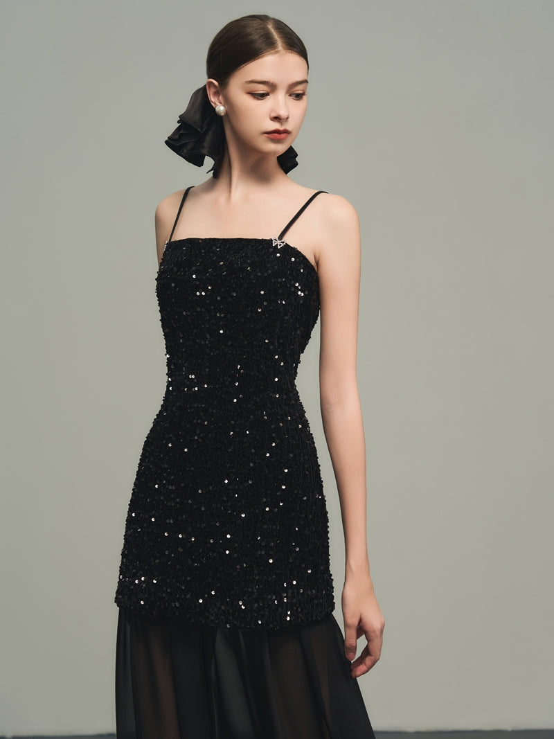 Sequins Elegant Bijou Flare Ciffon Camisole&Long-Skirt