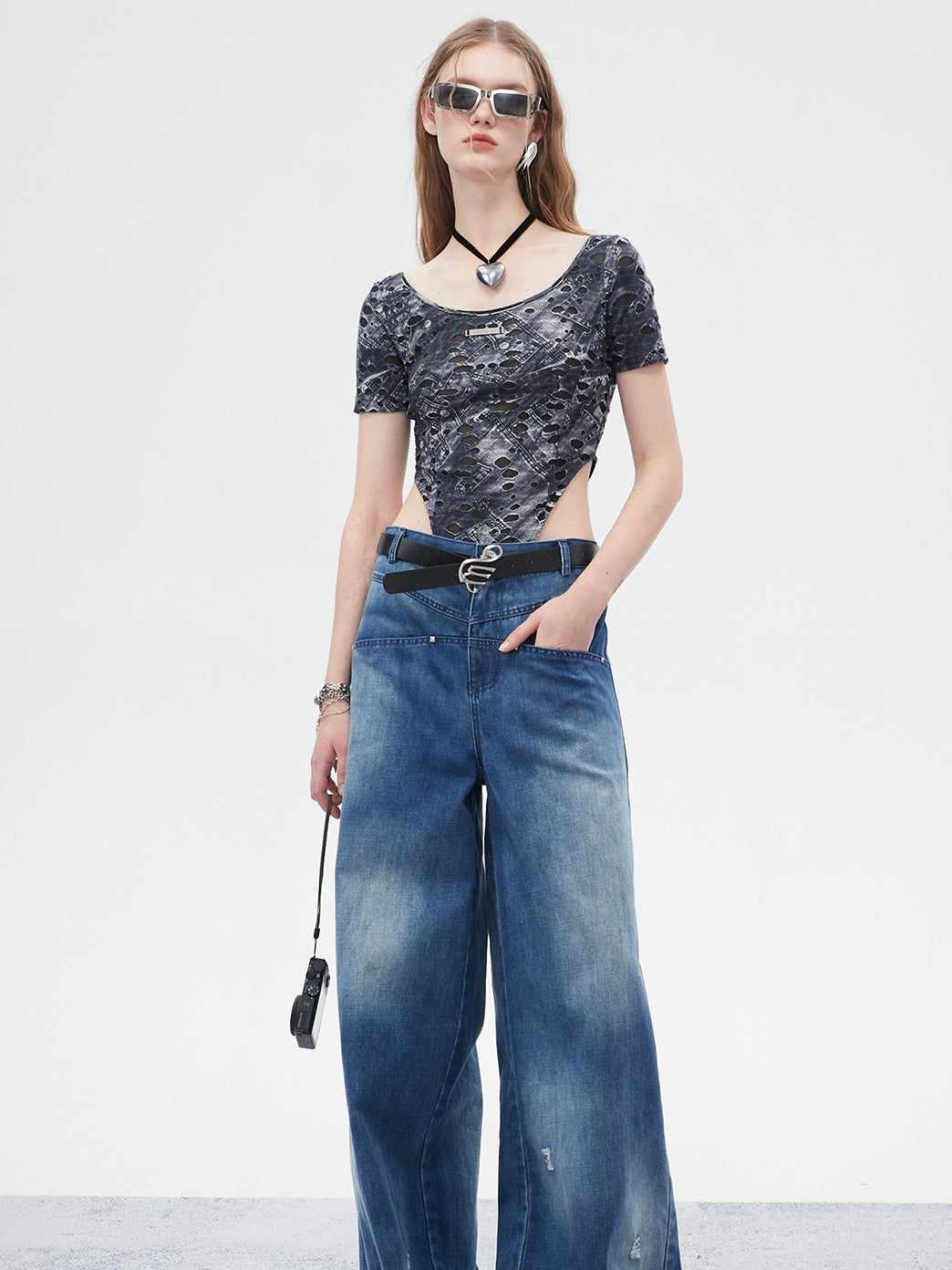Fake-Denim Unique Damage Body-Suit