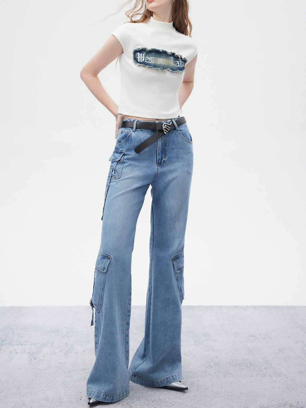 Side-Pocket Belt Denim Flare-Pants