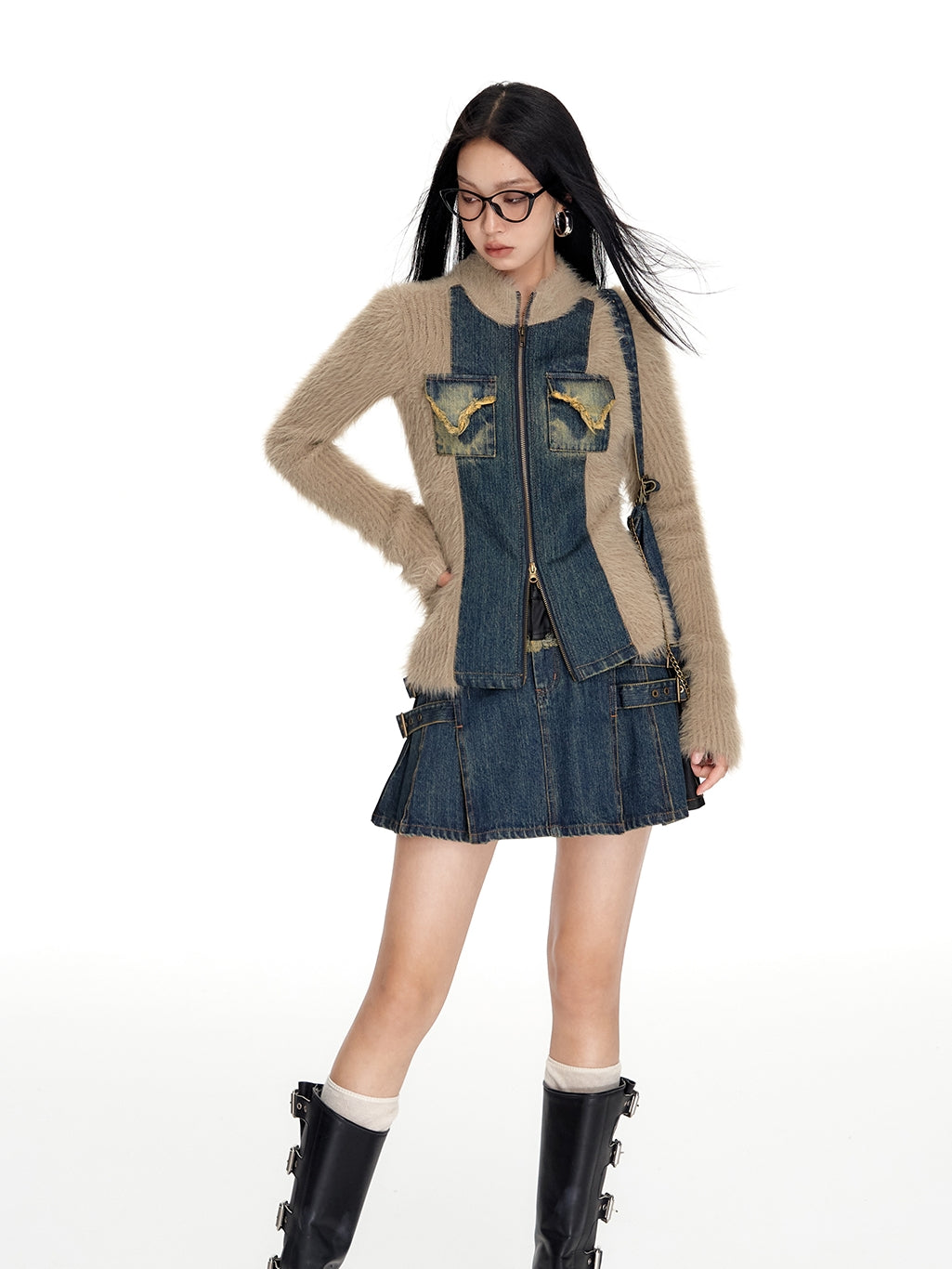 Denim&Knit Patchwork Double-Zip Fur Tops