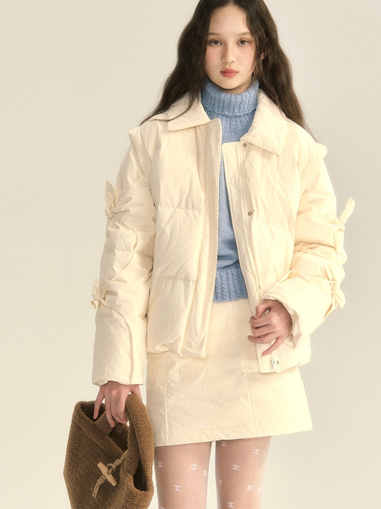 Cotton Quilting Ribbon Set-Up Cute Down-Jacket&Mini-Skirt