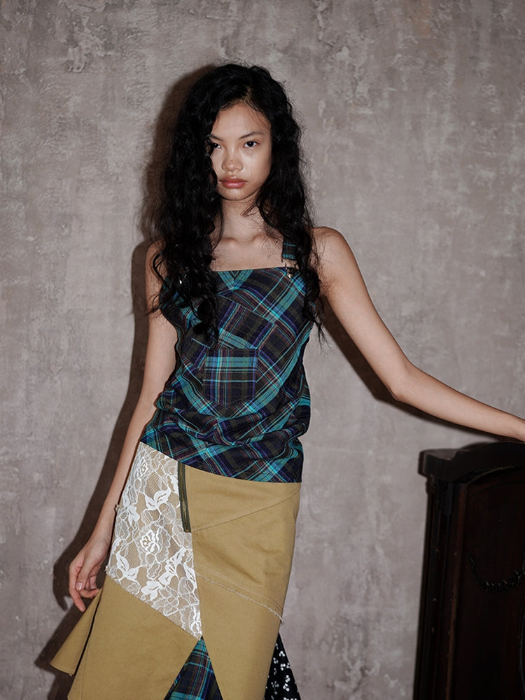 체크 백 오픈 백-크로스 걸리 탑