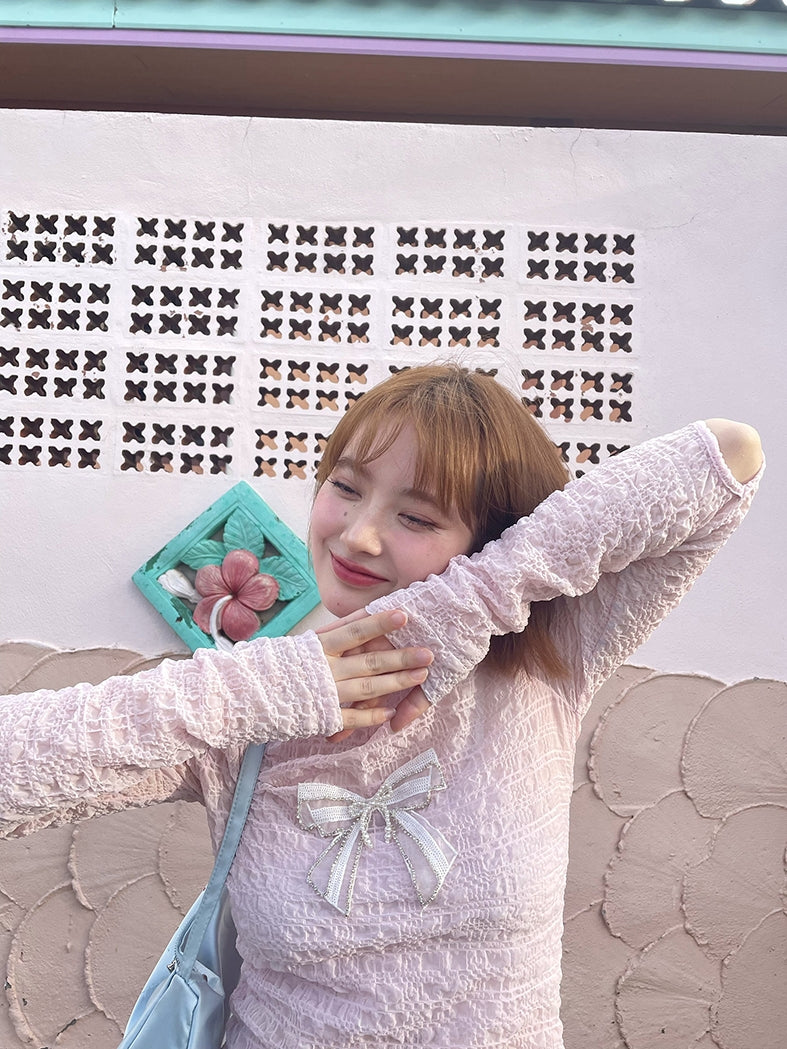 레이스 리본 주름진 여성스러운 얇은 진주 컷팅