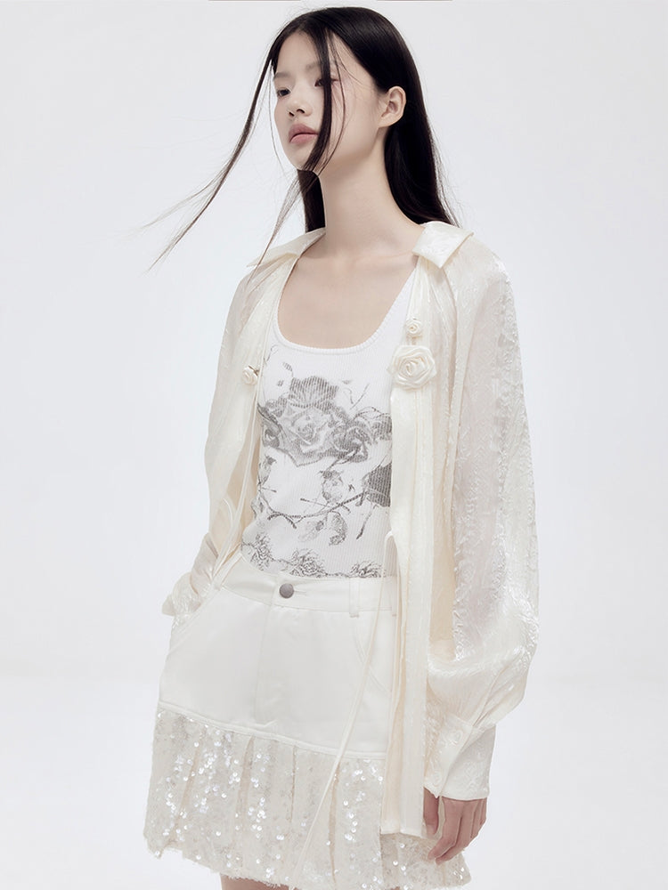 광택 장미 깎아 지른 자수 셔츠
