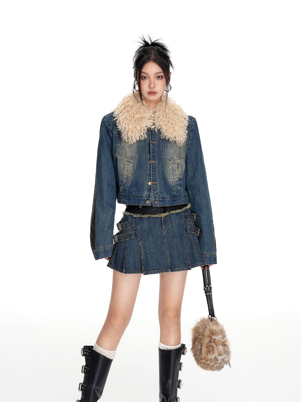 Fur-Collar Casual Classic Faded Denim-Jacket