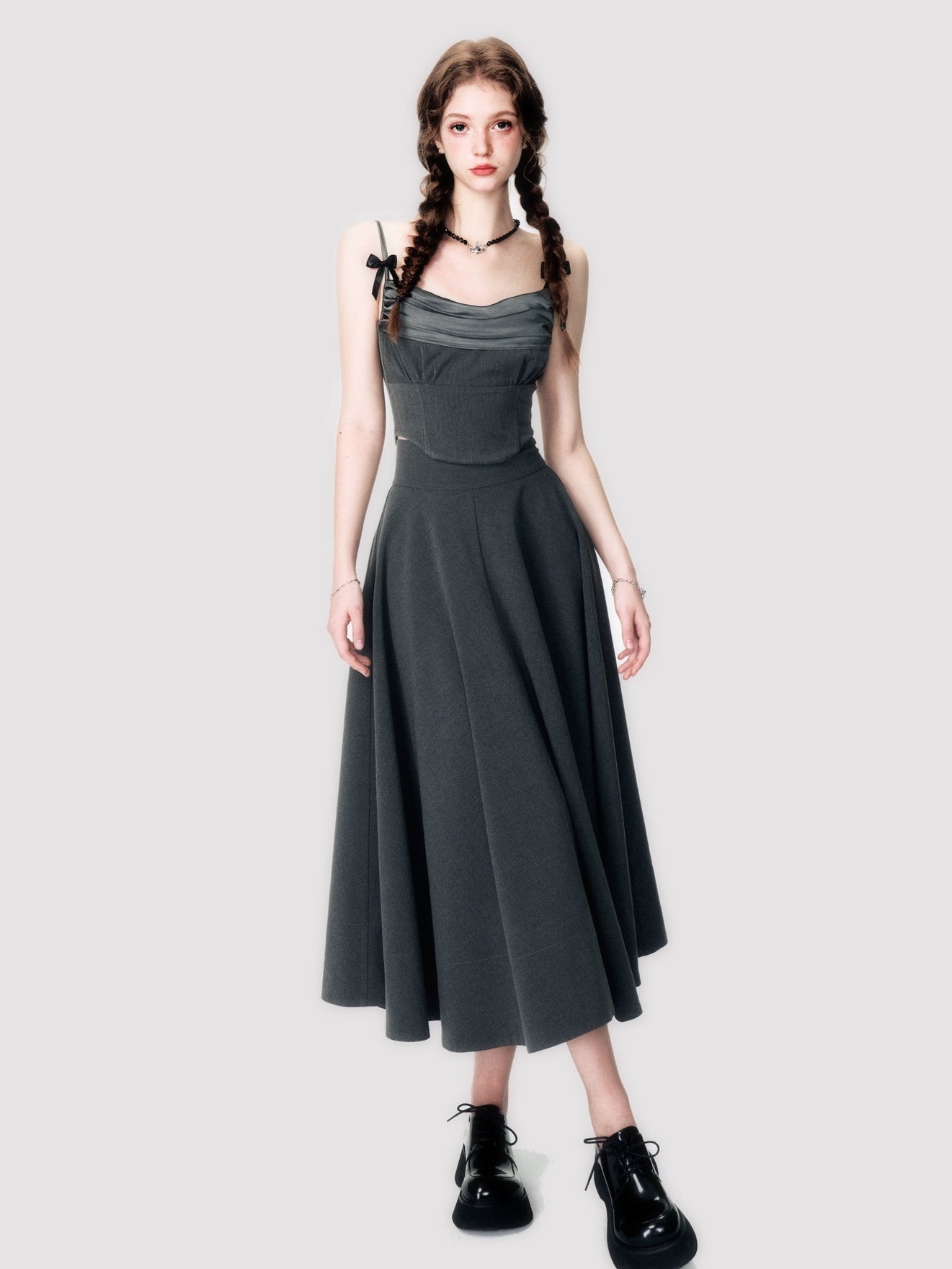 Ribbon Tight Simple Plain Camisole&Long-Skirt