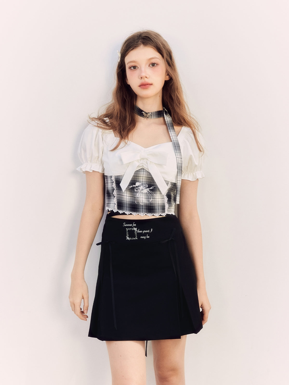 점검 된 레이스 리본 여성용 Bly Blyse & Mini-Skirt