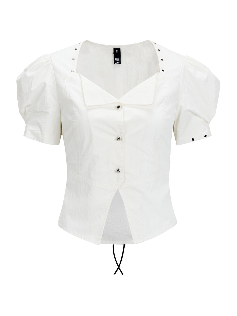 Puff-Sleeve Back-Lace-Up Tiered Flare Blouse & Long-Skirt