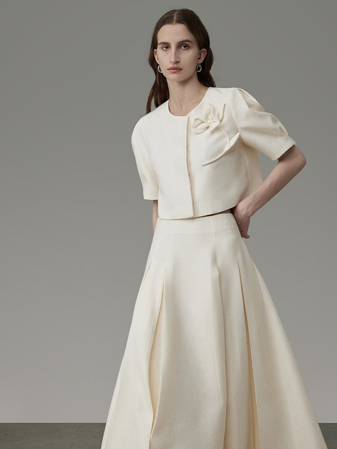 Flower Embroidery Puff-Sleeve Formal Blouse&Long-Skirt