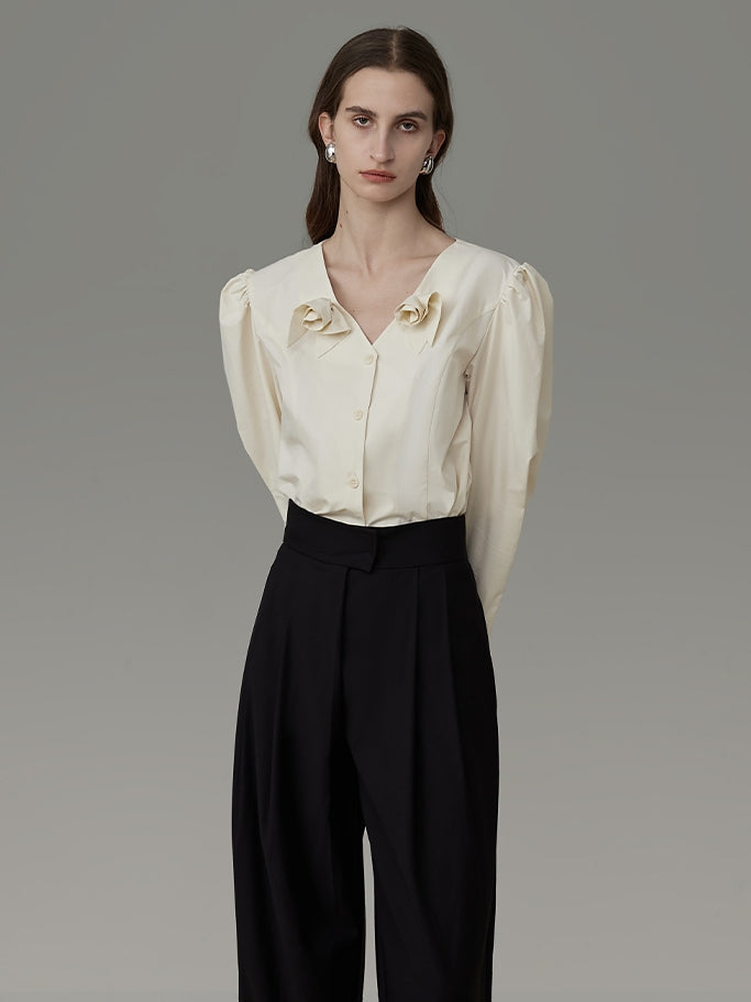 No-Collar Rose-Motif Power-Shoulder Classy Blouse