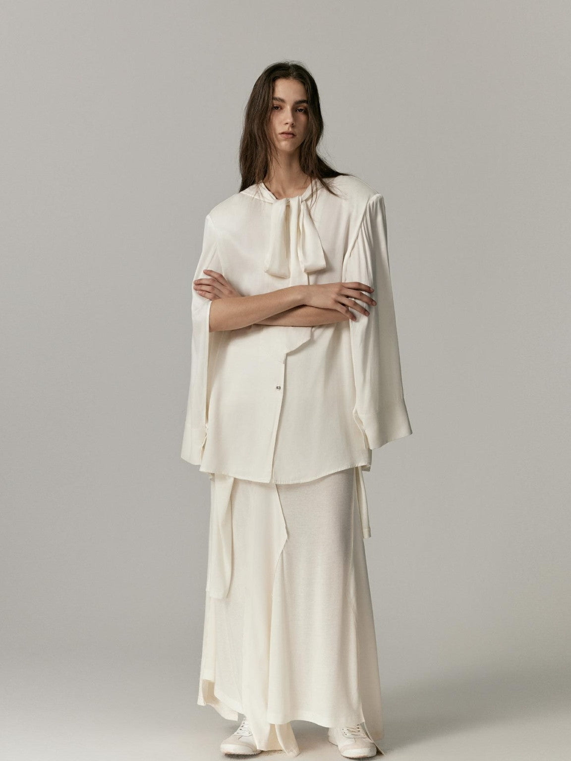 Ribbon-Tie Oversize Cape Blouse