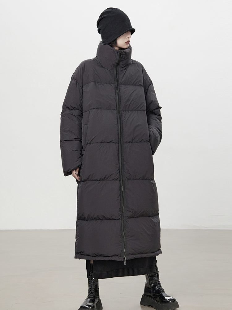 Stand-Neck Plain Long-Coat Down-Coat