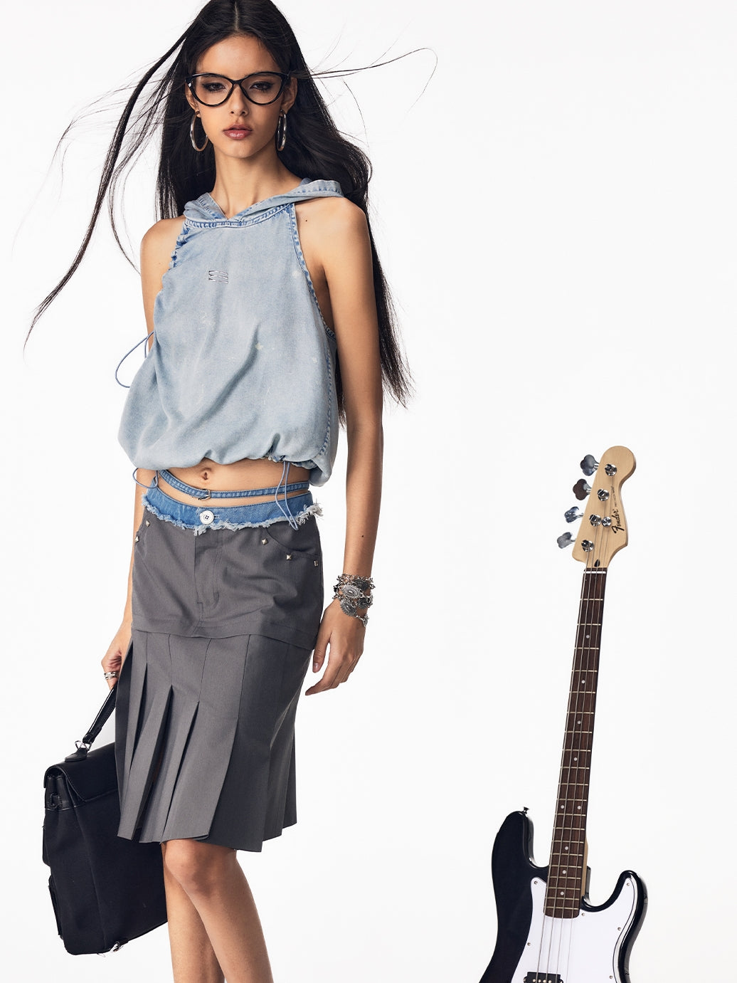 Drawstring Denim Hoodie Nichi Sleeveless Tops&Skirt