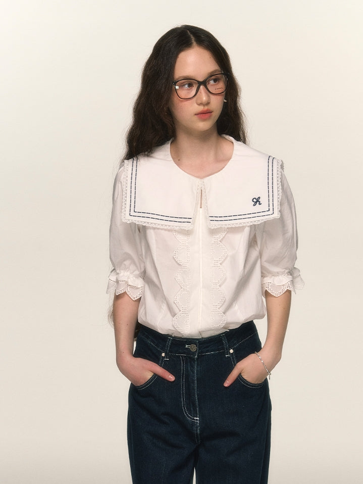 Marine Sailor-Collar Lace Candy-Sleeve Blouse