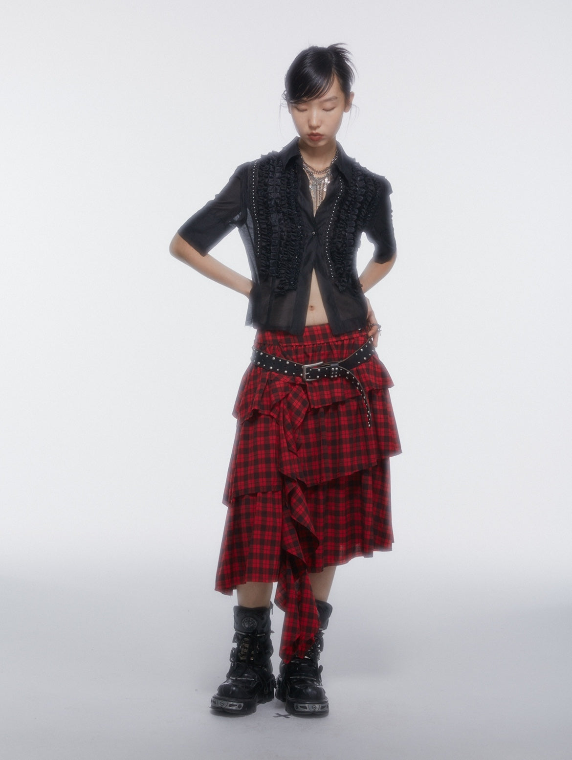 쉬어 레이스 펄 프릴 블라우스