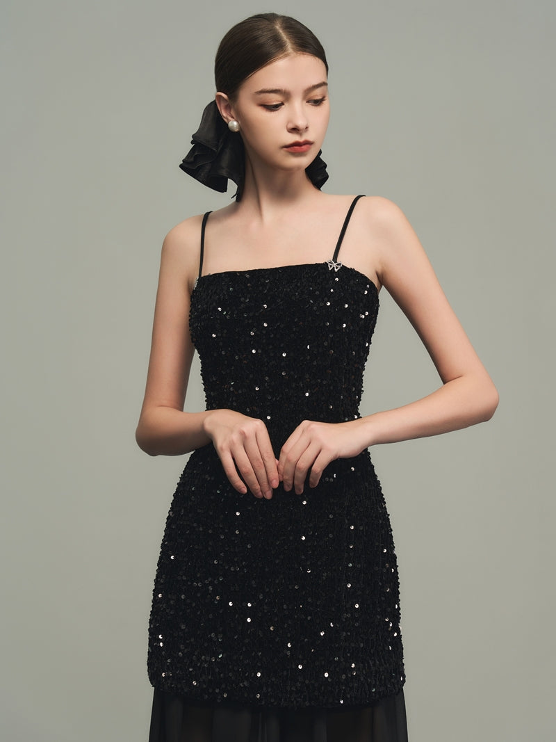 Sequins Elegant Bijou Flare Ciffon Camisole&Long-Skirt