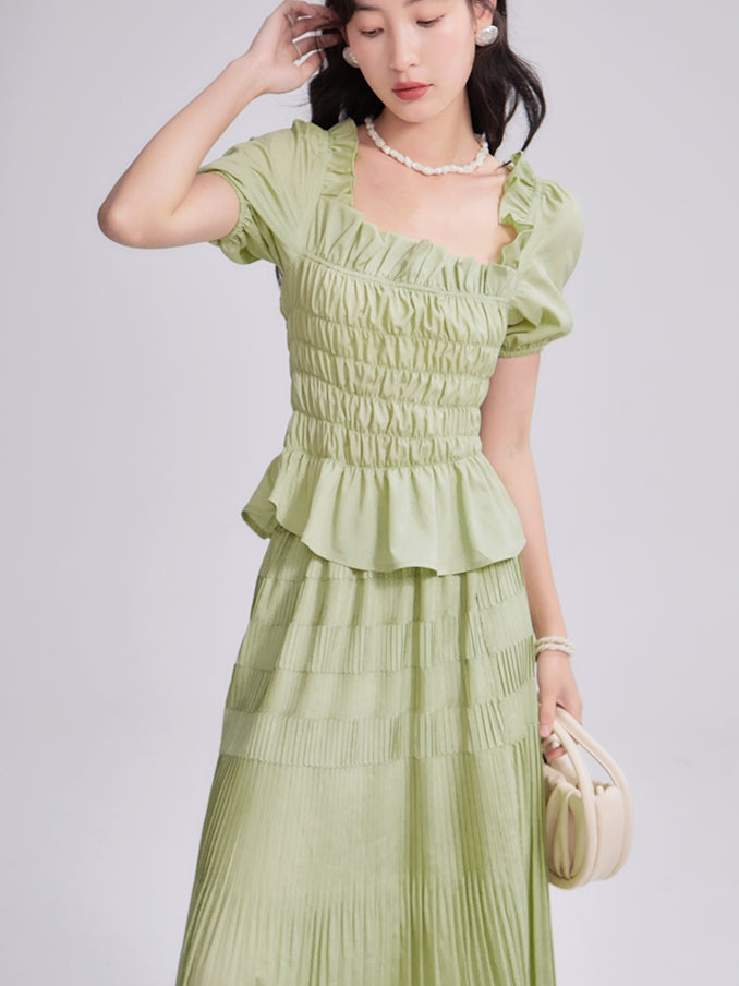 Gather Frill Puff-Sleeve Peplum Chic Blouse&Long-Skirt