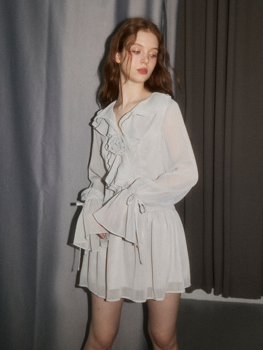 Sheer Flare-Sleeve Ciffon Frill Flower Mini-One-Piece