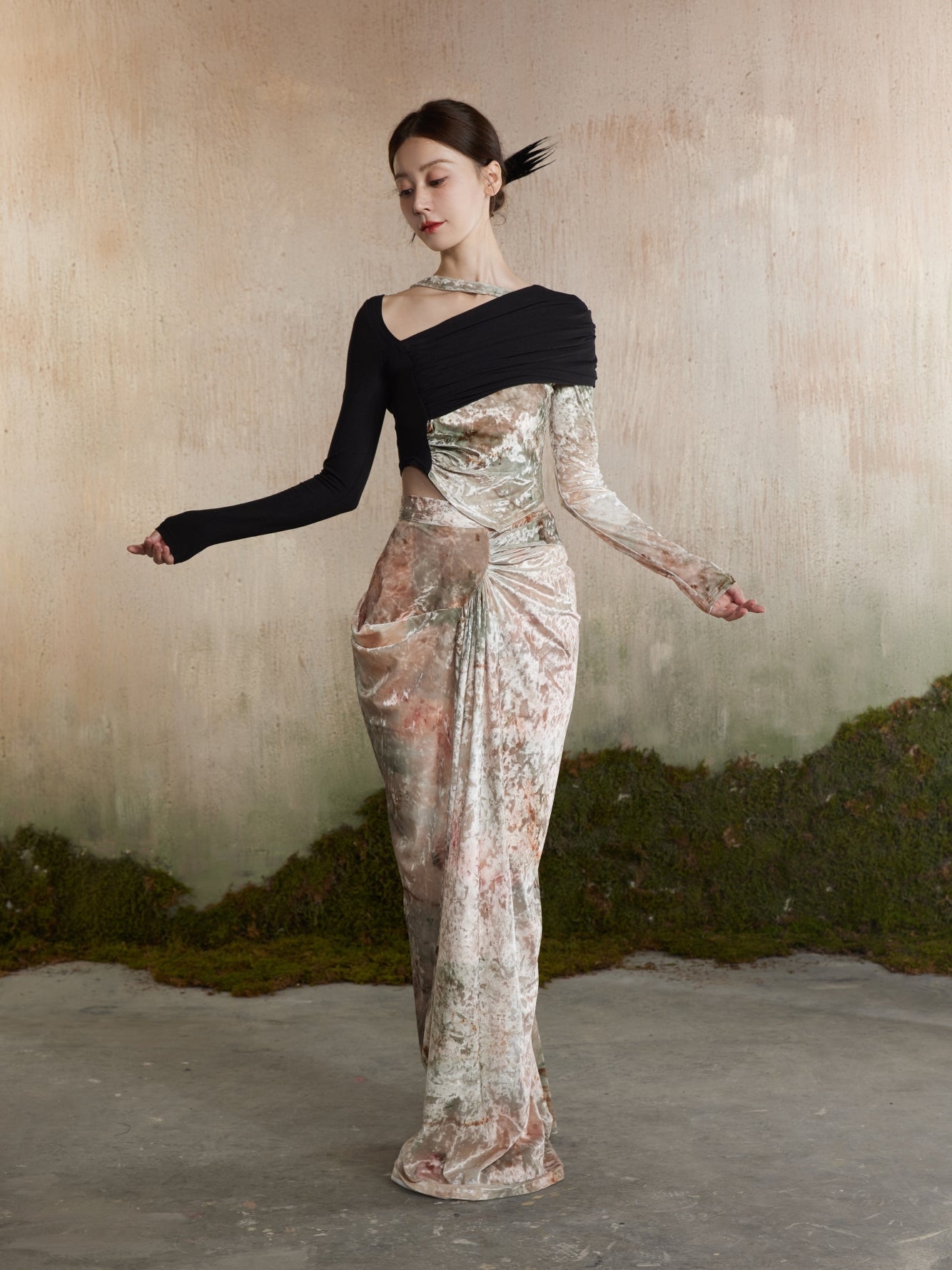 Samt hochhals glänzendes High-End-Blumen-Kurzfilm & Langstreicher