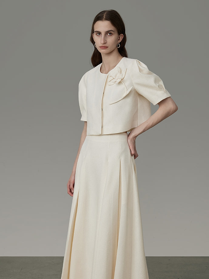 Flower Embroidery Puff-Sleeve Formal Blouse&Long-Skirt