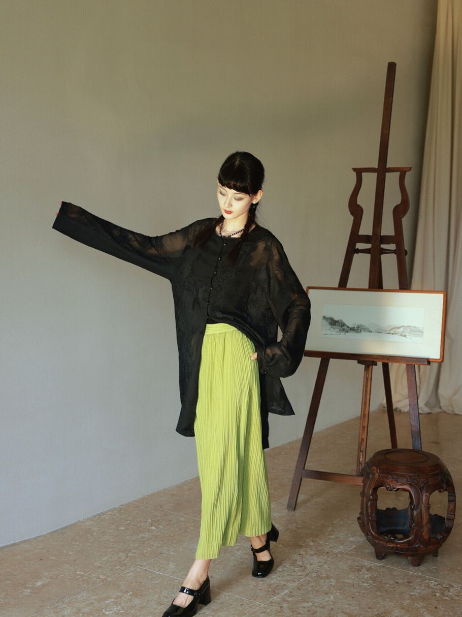 Crumply Pleats Simple Retro Long-Skirt