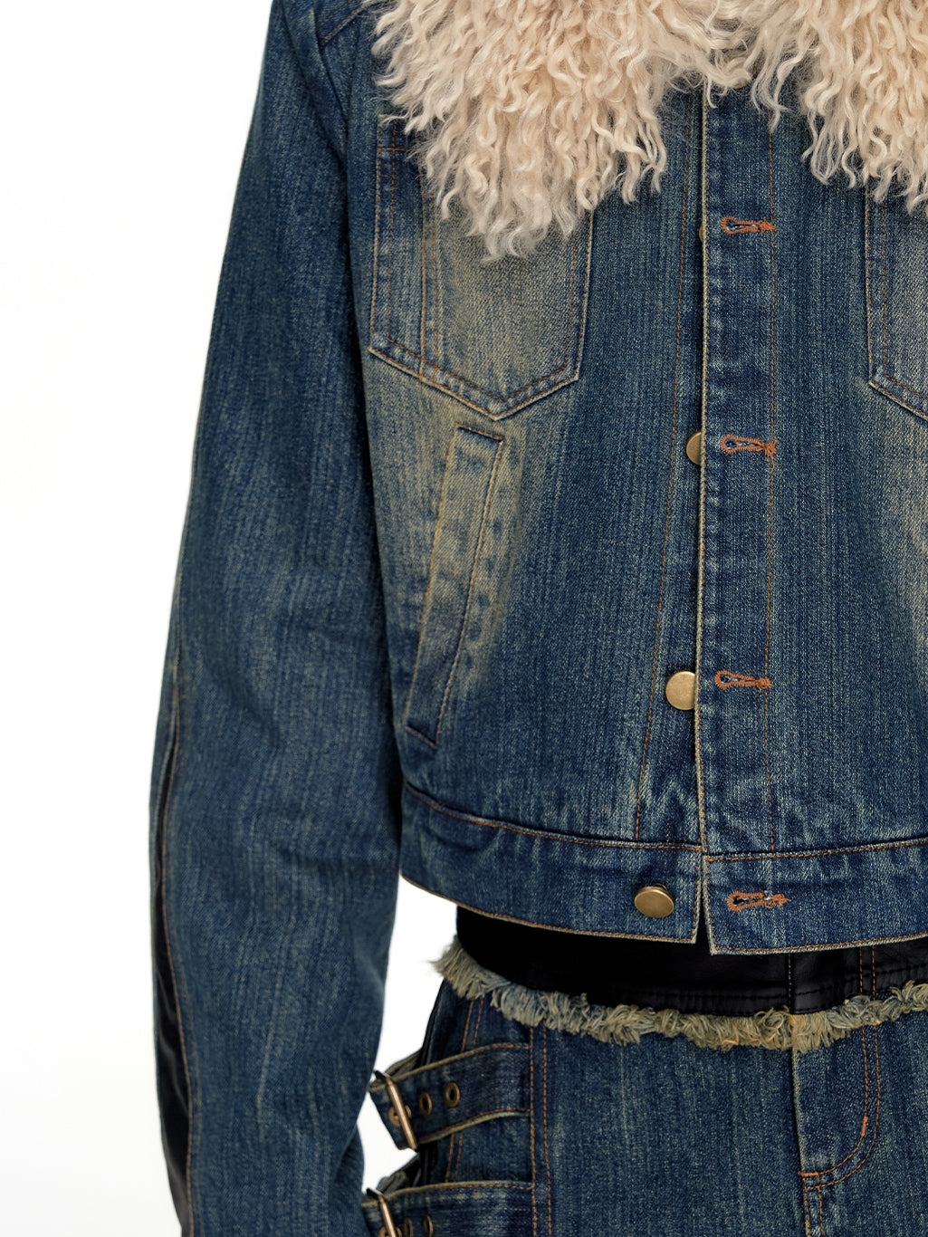 Fur-Collar Casual Classic Faded Denim-Jacket