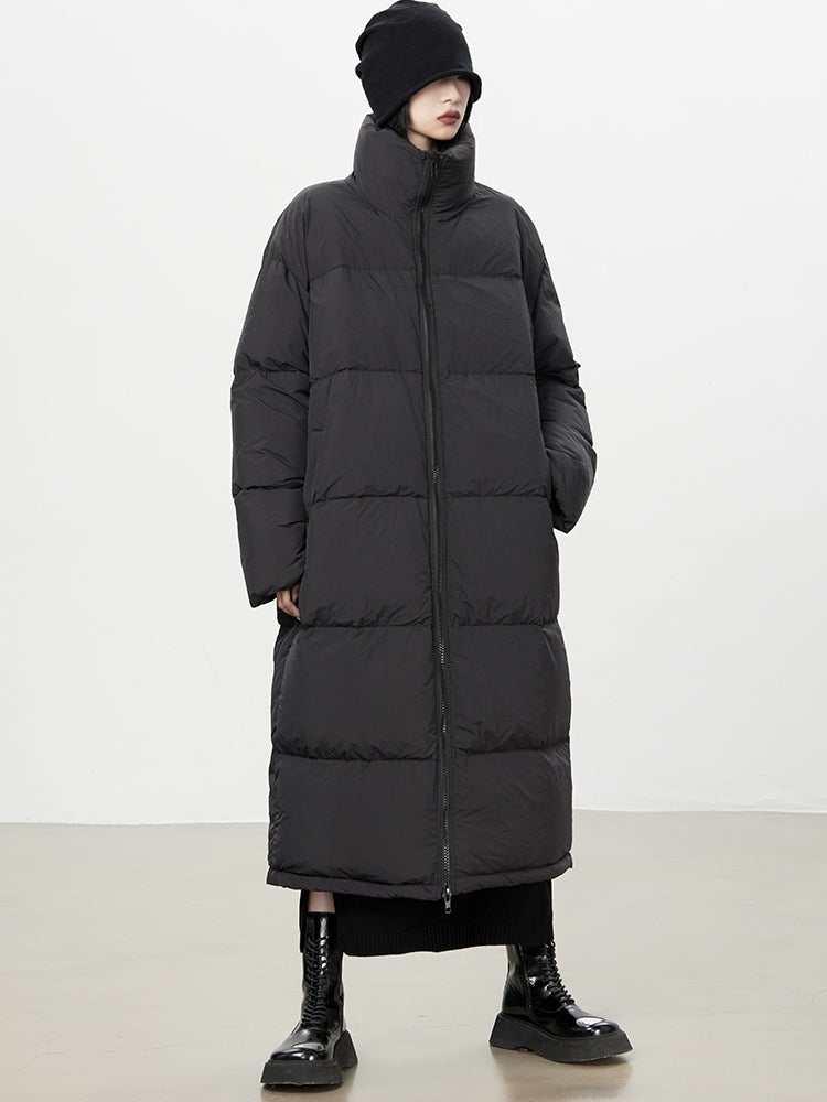 Stand-Neck Plain Long-Coat Down-Coat