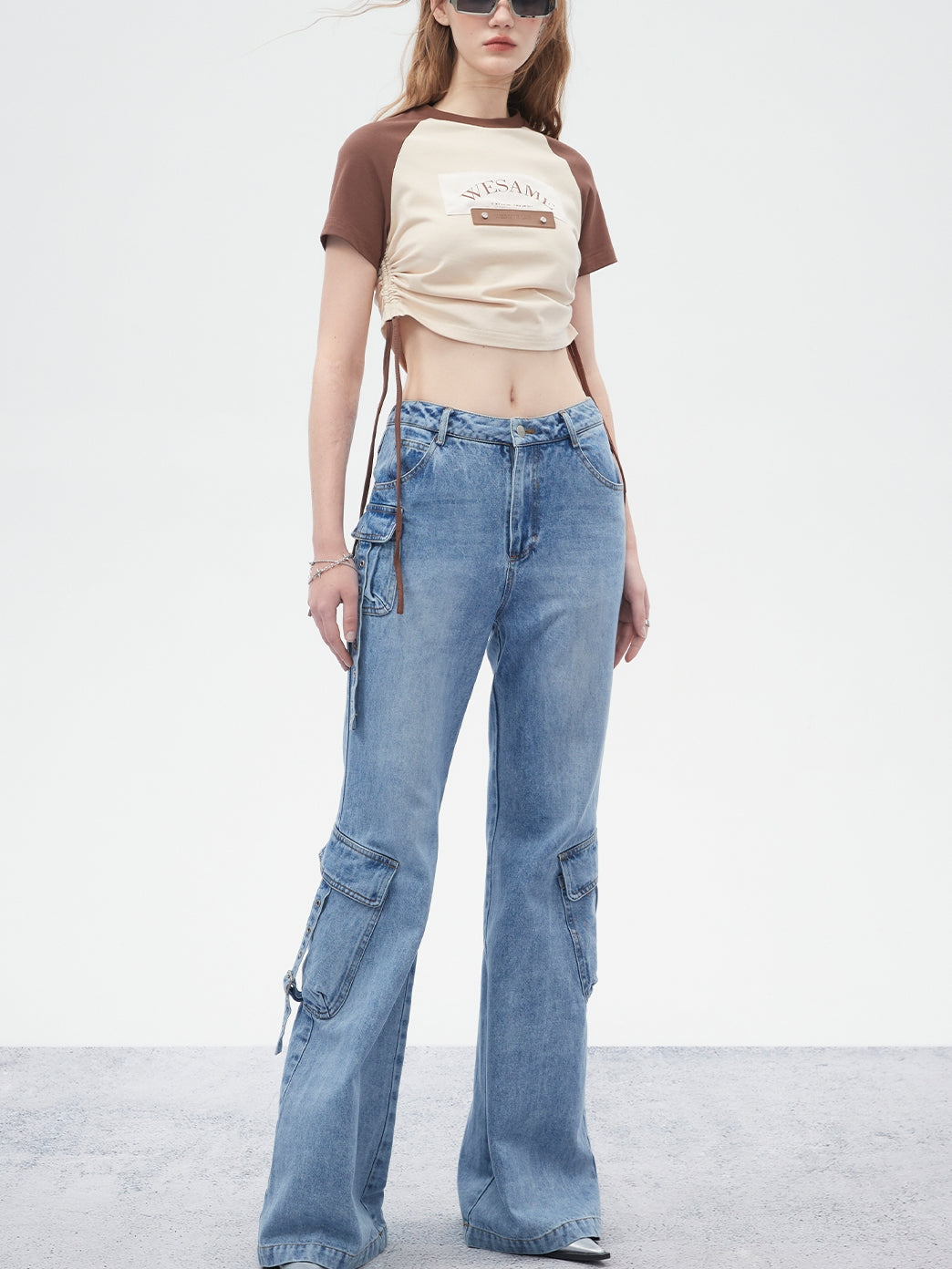 Side-Pocket Belt Denim Flare-Pants