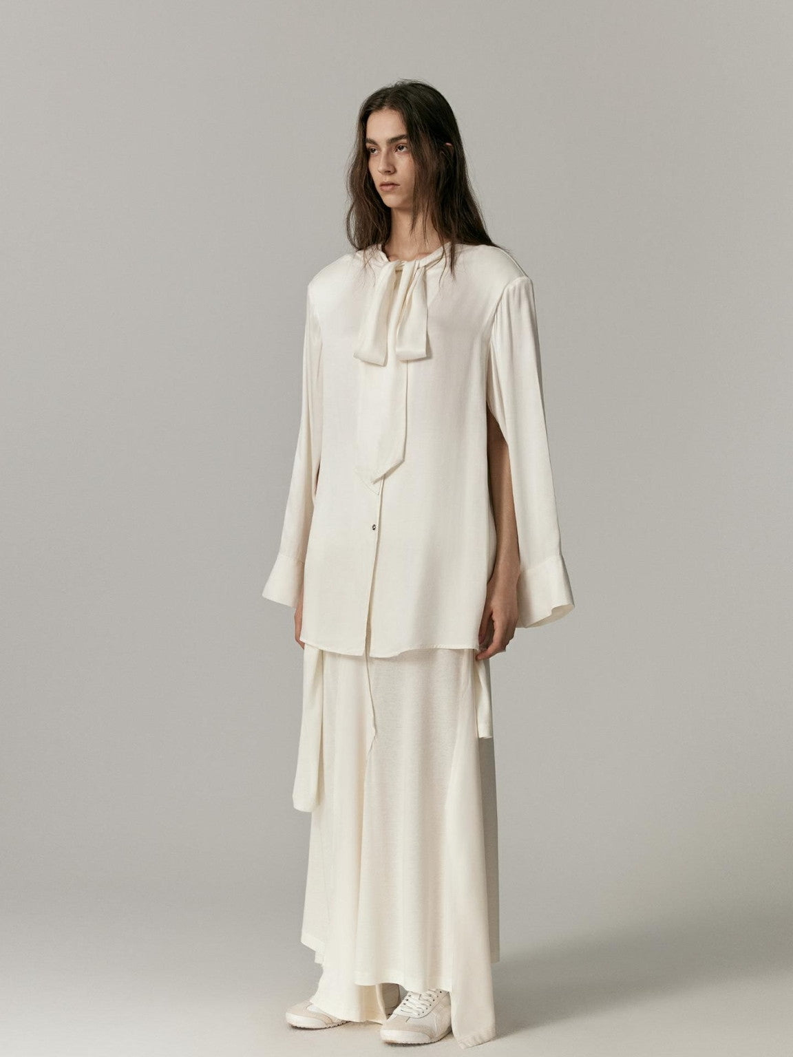 Ribbon-Tie Oversize Cape Blouse