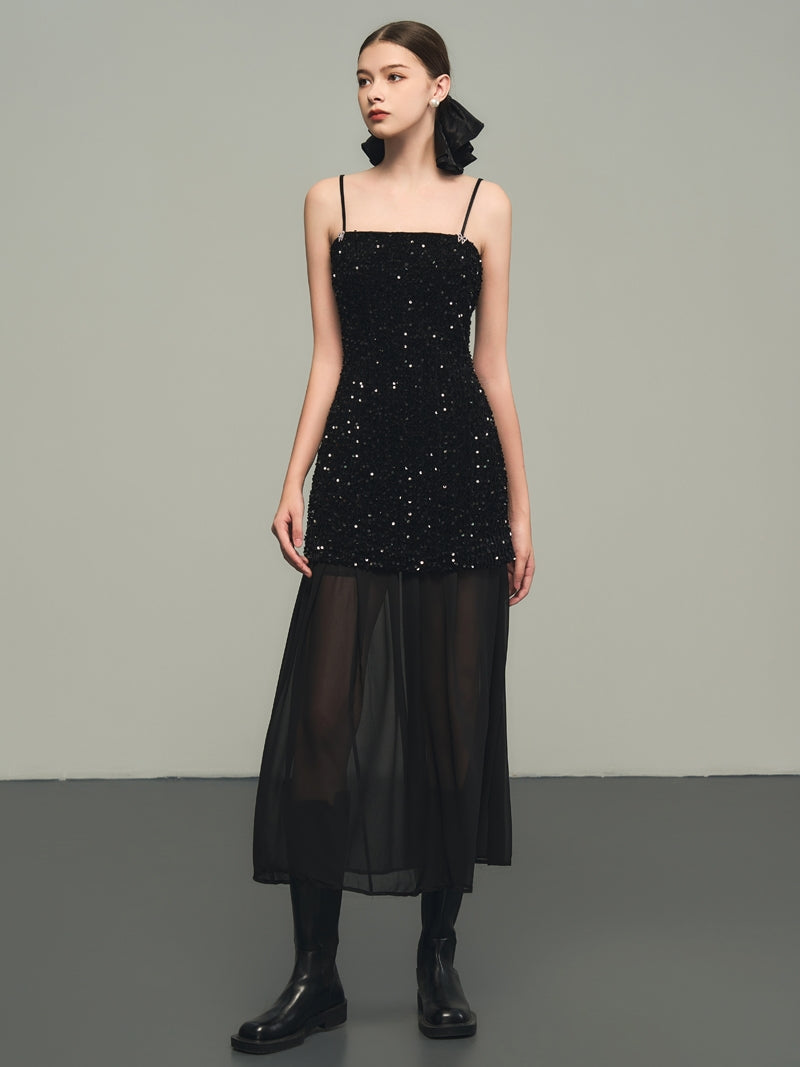 Sequins Elegant Bijou Flare Ciffon Camisole&Long-Skirt