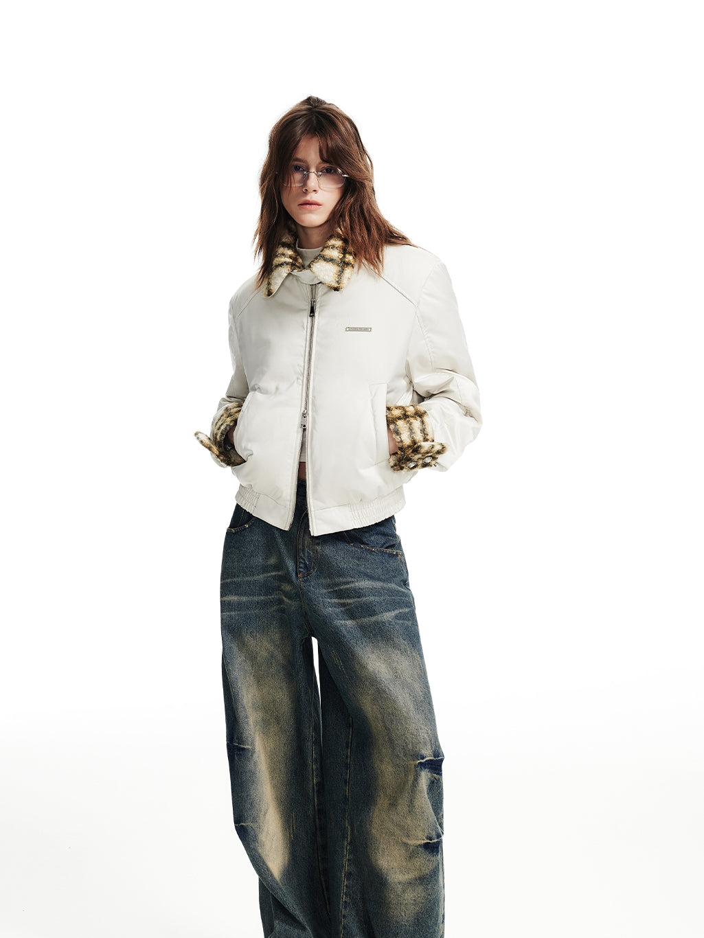 Checked Retro Boa*Collar Middle Down-Jacket