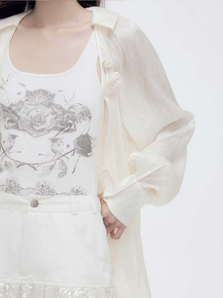 광택 장미 깎아 지른 자수 셔츠