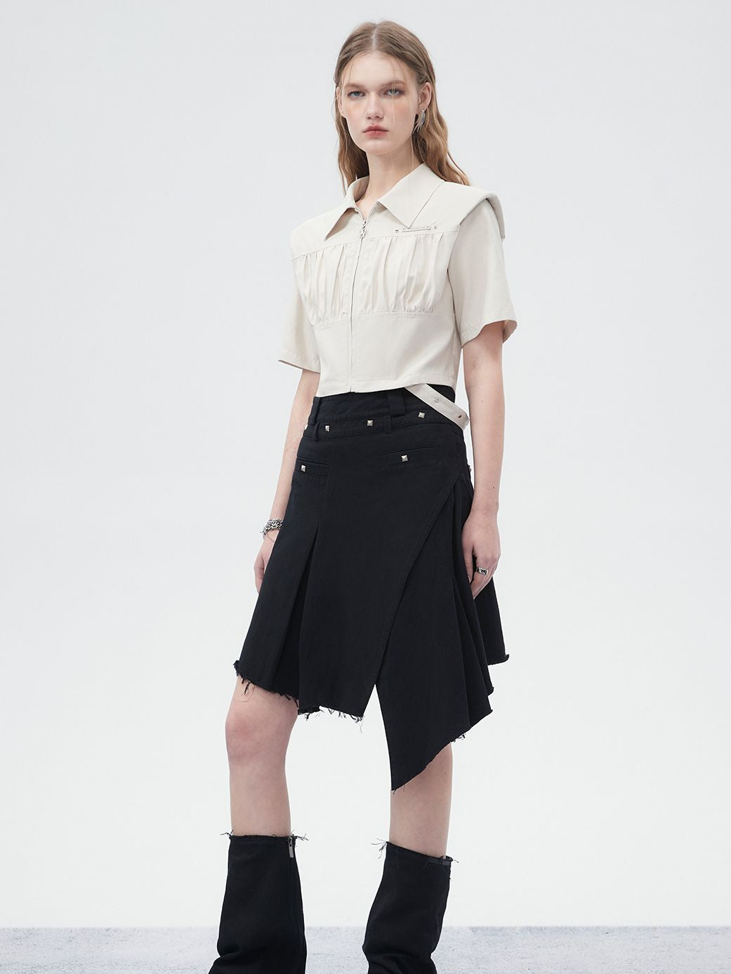 Zip Cropped Nichi Plain Shirt
