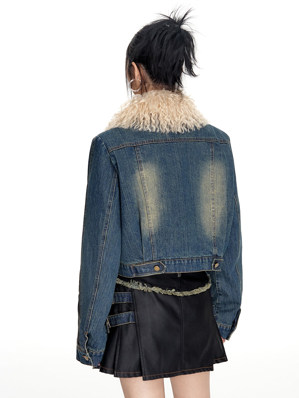 Fur-Collar Casual Classic Faded Denim-Jacket