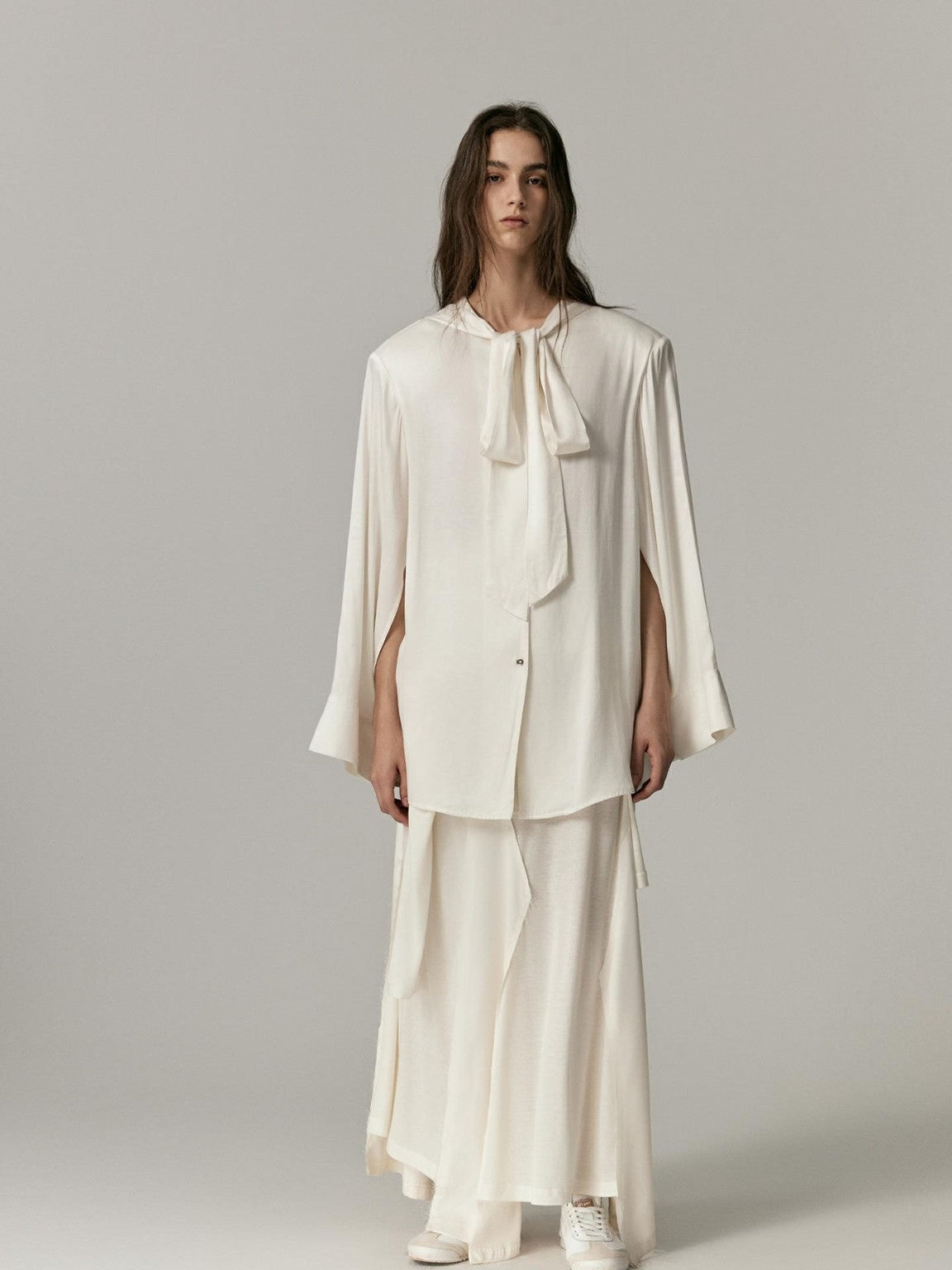 Ribbon-Tie Oversize Cape Blouse