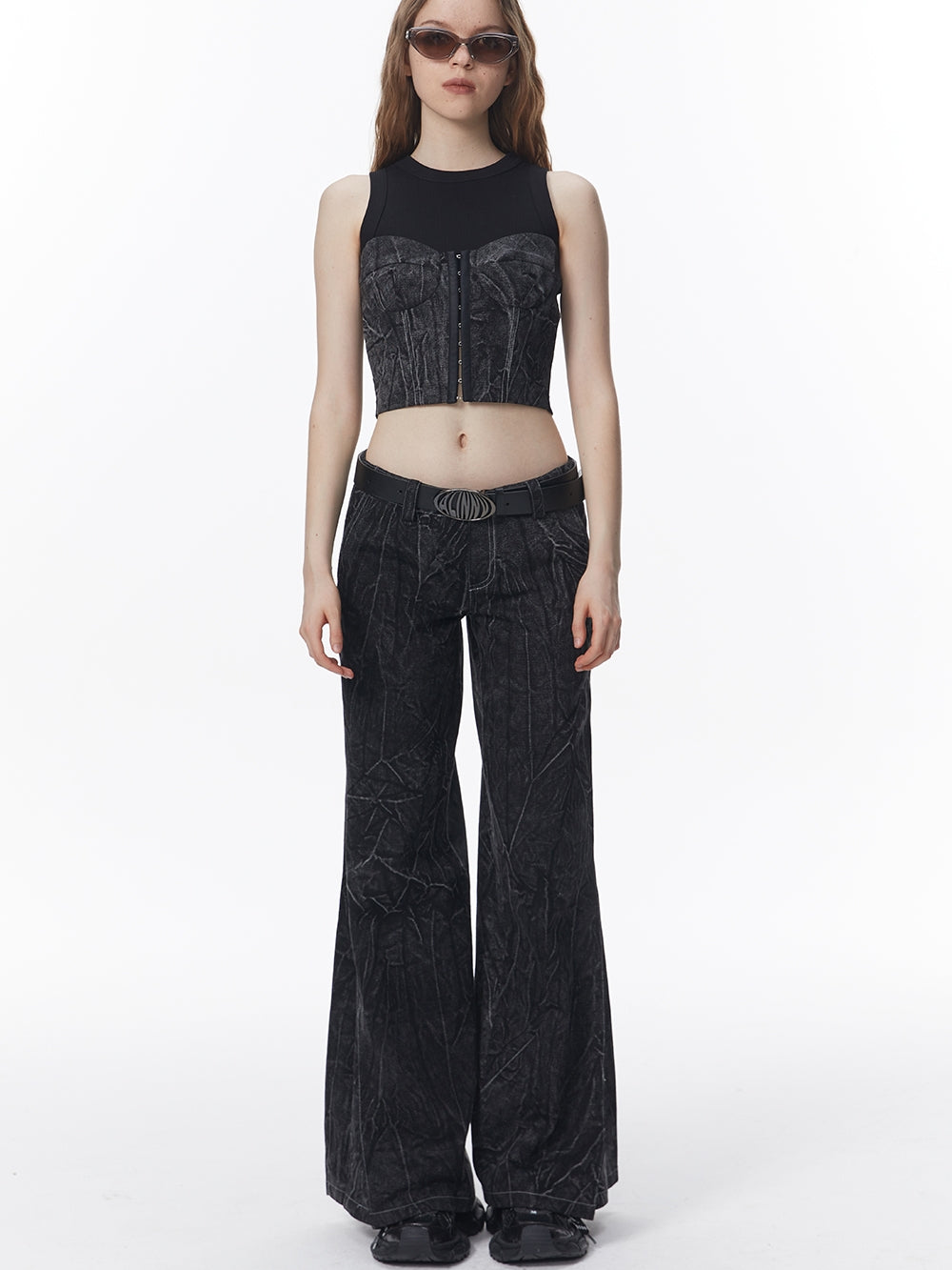 주름진 데님 캐주얼 넓은 바지