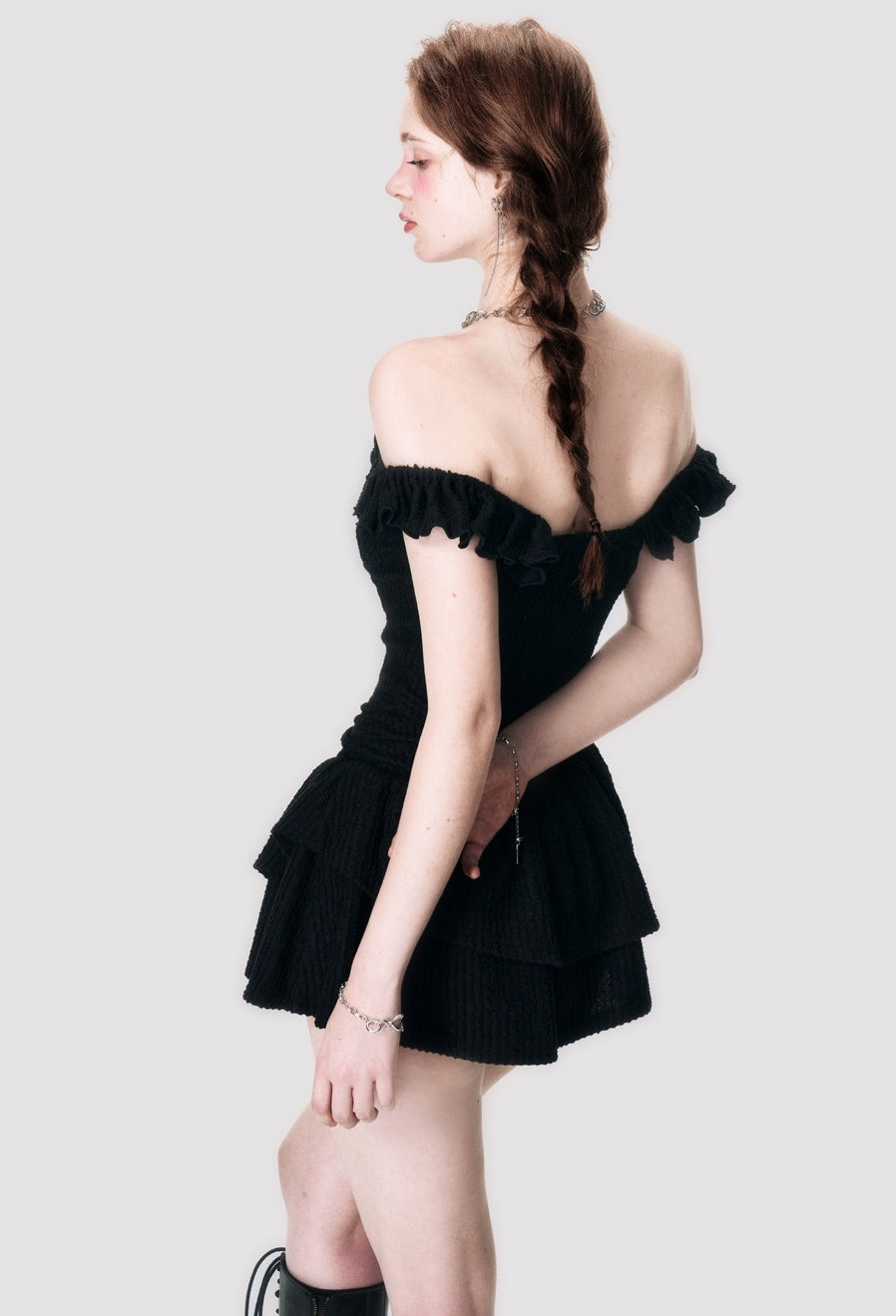 Off-Shoulder Stretch Plain Tight Tops&Mini-Skirt