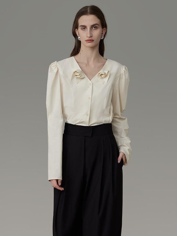 No-Collar Rose-Motif Power-Shoulder Classy Blouse
