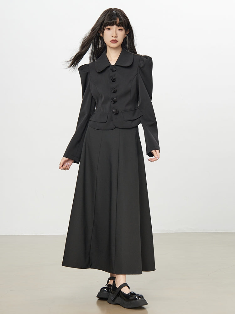 Power-Shoulder Big-Button Suit Plain Jacket&Long-Skirt