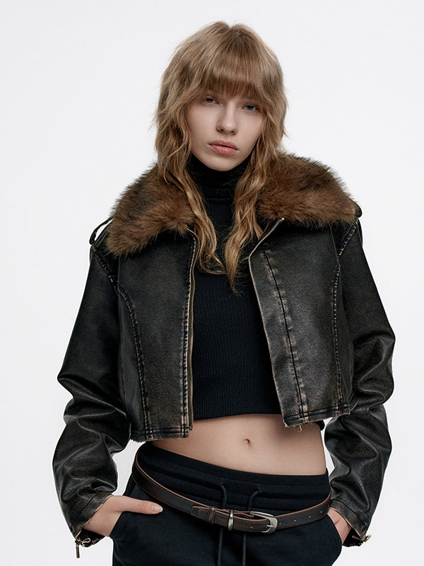 짧은 부드러운 레트로 자른 모피 콜라 가죽 재킷