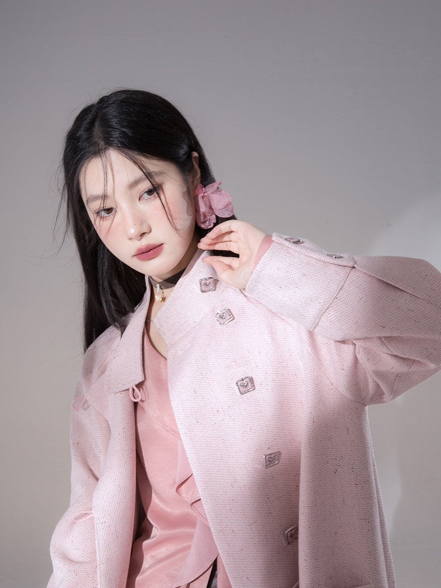 스탠드 칼라 비쥬 페미닌 하트 롱 코트