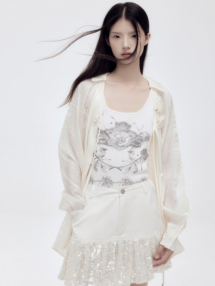 광택 장미 깎아 지른 자수 셔츠