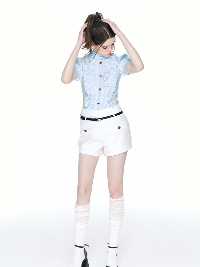 Frill Classy Retro Chic Blouse & Short-Pants