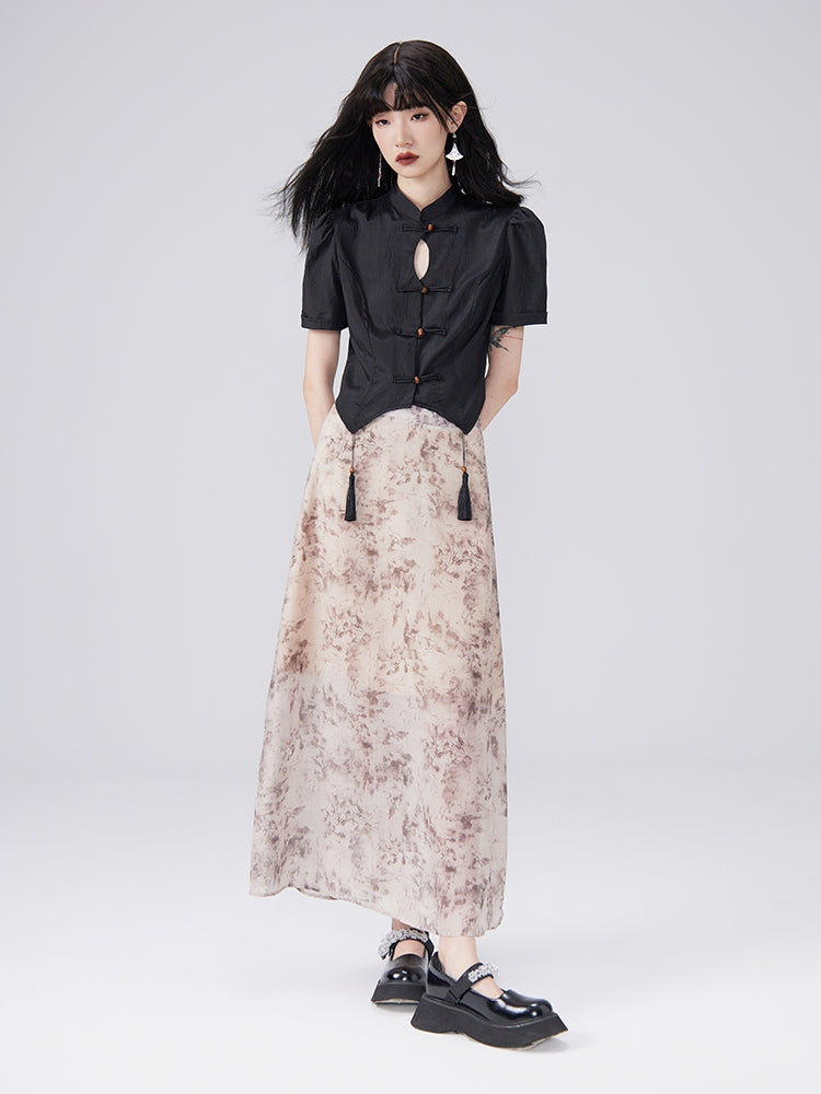 중국 술 꽃 복고풍 블라우스 및 긴 스커트