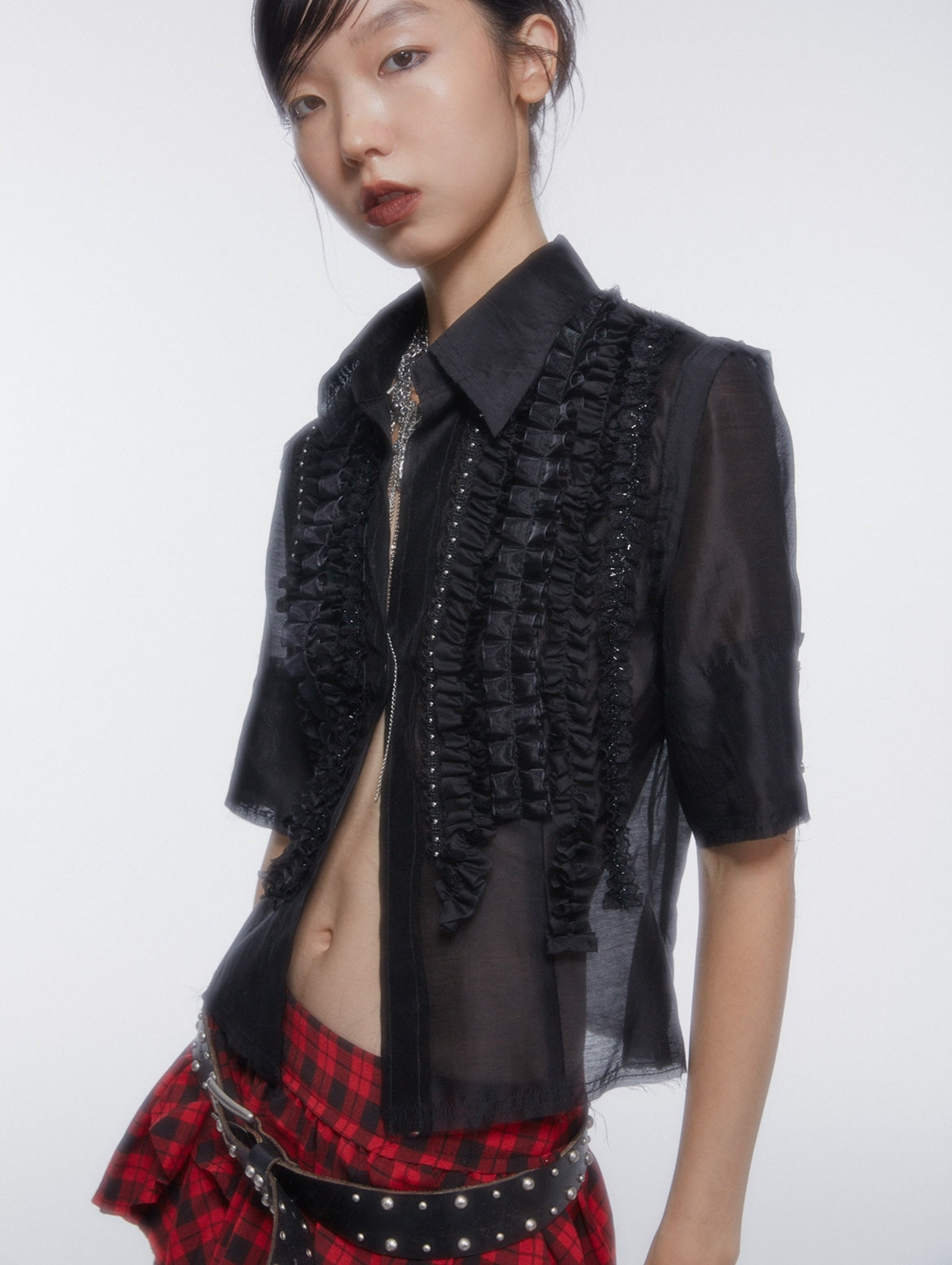 쉬어 레이스 펄 프릴 블라우스