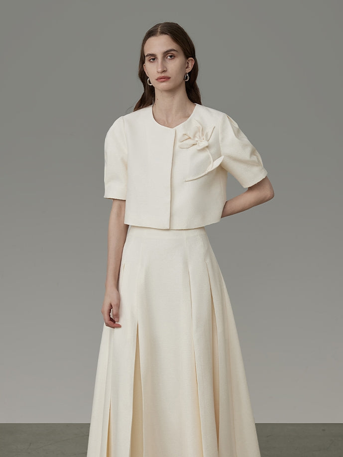 Flower Embroidery Puff-Sleeve Formal Blouse&Long-Skirt